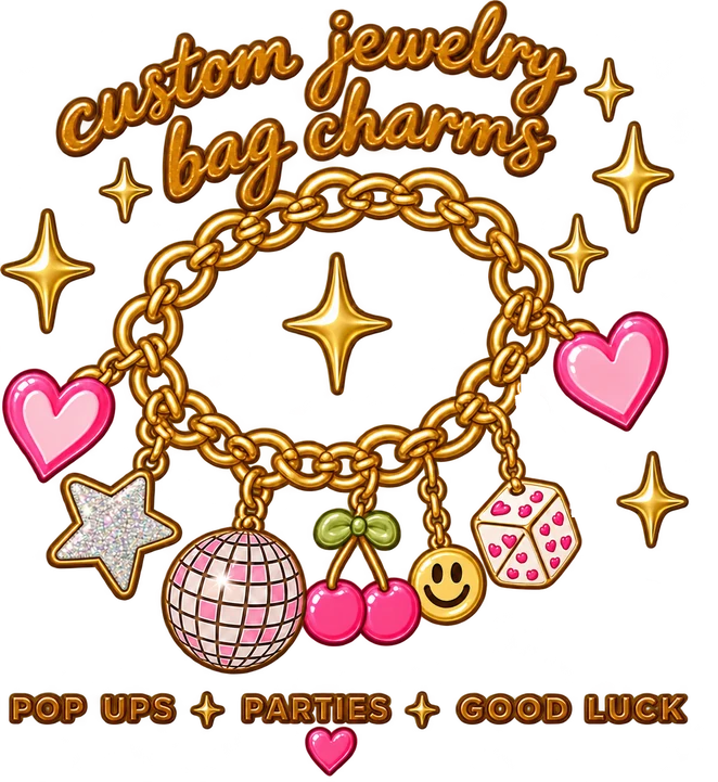 Custom jewelry and bag charms sticker: a gold chain with star, disco ball, cherry, smiley, dice and heart charms — pop ups, parties, good luck